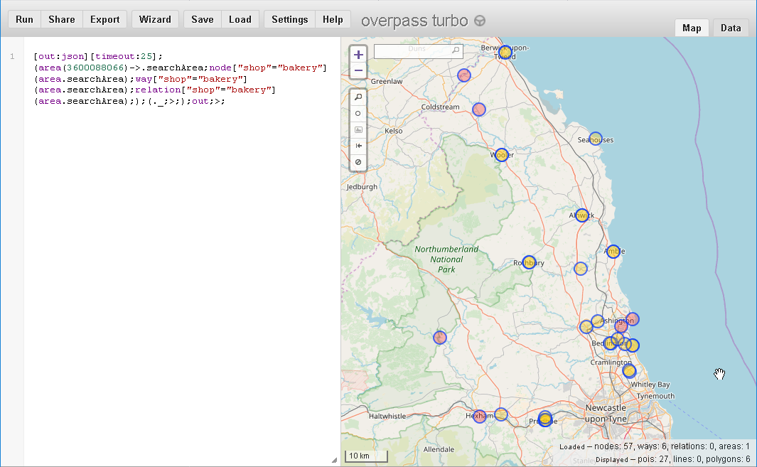 result for bakeries in Northumberland using the Overpass API